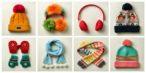 Winter clothing and accessories collection grid with hats scarves and mittens