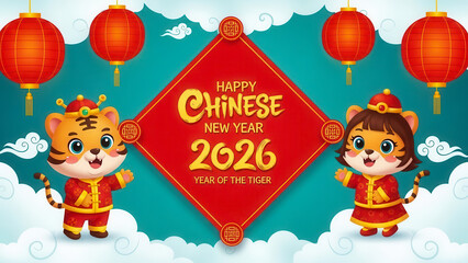 Fototapeta premium Happy chinese new year 2026 year of the tiger greeting card