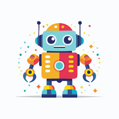 Fototapeta premium Colorful cartoon robot with a square body and claw hands, surrounded by confetti.