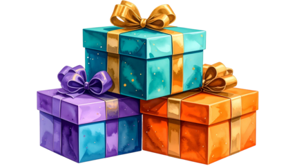 Three vibrantly colored gift boxes stacked, each adorned with a golden bow
