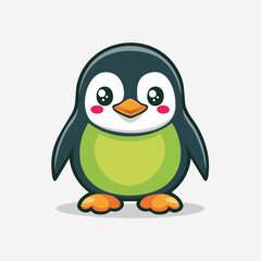 Cute cartoon penguin with big eyes and a yellow belly standing on a white background.