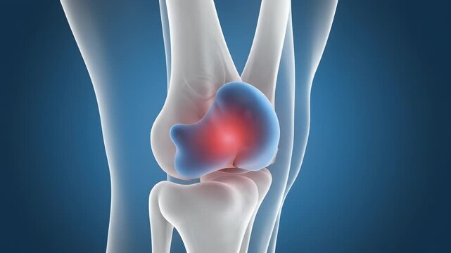 Medical animation of knee pain with joint anatomy highlighted in red and X-ray style