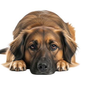 Dog lying down with sad eyes isolated on transparent background
