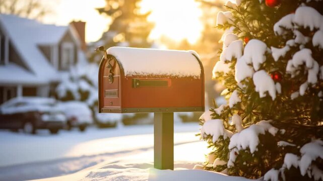 A red mailbox covered in snow on a sunny winter morning with a decorated tree nearby.