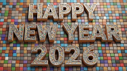 Happy New Year 2026 text with mosaic fill on colorful block background lettering