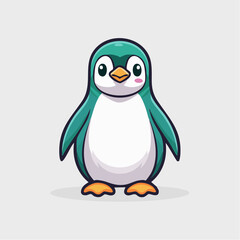 Cartoon penguin with green feathers and a white belly standing on its feet.