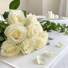 Fototapeta premium A beautiful bouquet of white roses on a table with candles