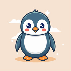 Cartoon illustration of a cute penguin with big eyes and a small beak, standing on orange feet.