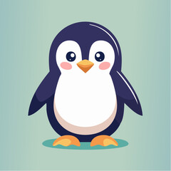 A cartoon penguin with a white belly, black back, and orange feet stands on a light green background.