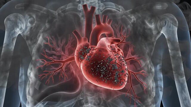 Medical animation showing effects of smoking on heart with X-ray torso and smoke particles