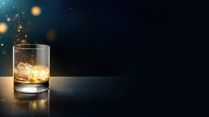 Whiskey glass ice cube dark background amber liquid reflection low light