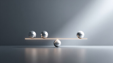 Silver balance beam with three metal sphere on left and one on right creating minimalist equilibrium scene