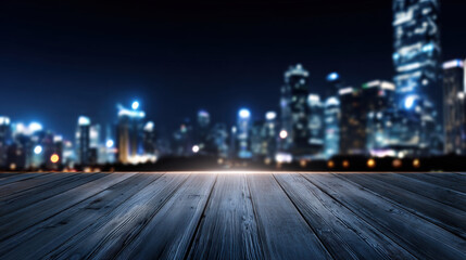Night city skyline blurred behind wooden platform with glowing horizon, atmospheric urban nightscape