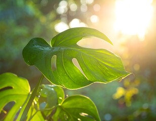 Close-up of a vibrant, glossy, split-leaf philodendron with water droplets, basking in golden sunlight, with a soft-focus background of greenery