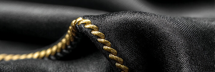 Luxurious Black Fabric with Gold Braided Trim Detail, Premium Textile Macro for Fashion and Interior Design