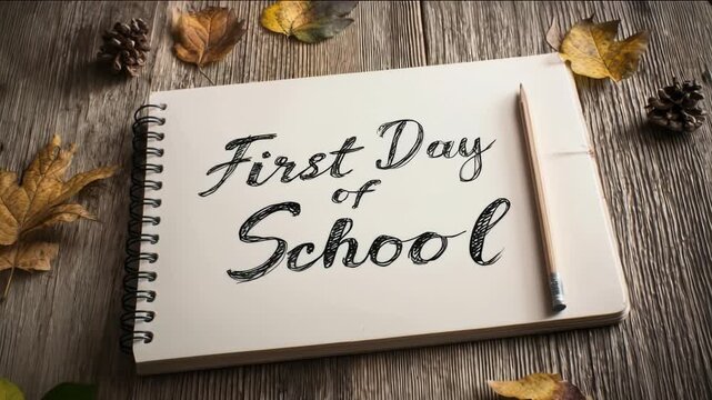 Celebrating the First Day of School with Autumn Leaves and Handwritten Notebook on Wooden Table