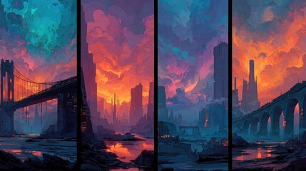 Neon-themed digital landscapes with glowing elements, vibrant skies, futuristic architecture, perfect for NFT backgrounds, gaming art, and sci-fi digital worlds.