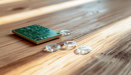 A compact circuit board learning kit with translucent coding tokens arranged on a wooden surface