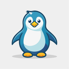 Cartoon penguin with blue and white feathers, yellow beak and feet, standing on a light gray surface.