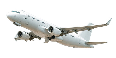 Obraz premium White Commercial Airplane in Flight with Engines Visible Isolated on Transparent Background