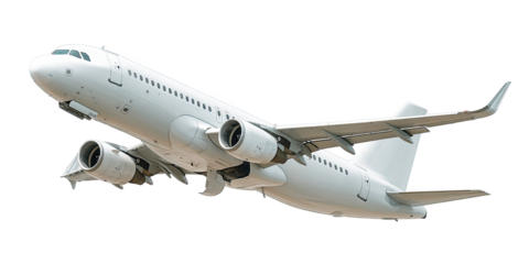 White Commercial Airplane in Flight with Engines Visible Isolated on Transparent Background