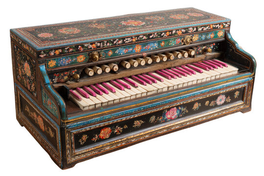 Vintage Handheld Harmonium with Intricate Floral Patterns and Pink Keys Isolated on Transparent Background