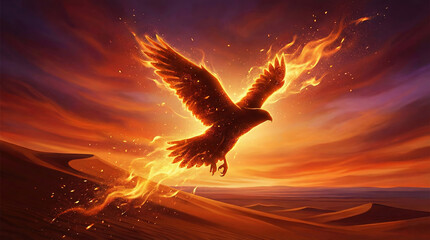 A dramatic background image of a fiery eagle soaring across a vast desert landscape, its wings engulfed in glowing flames