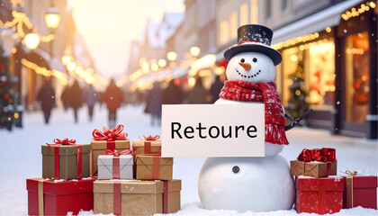 snowman in a city with gifts holding an sign text Retoure