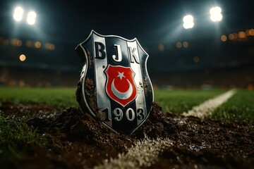 BJK: A dramatic perspective of a team emblem set against a vibrant green pitch, the stadium lights illuminating the scene, a symbol of sport and competition.