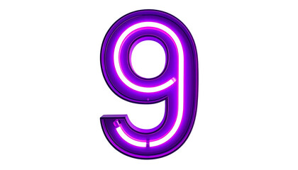 Illuminated number nine rendered in vivid purple and pink neon against a stark black background. The glow creates a vibrant, eye-catching visual