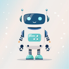 Cartoon robot with a white body and blue accents standing against a light background.