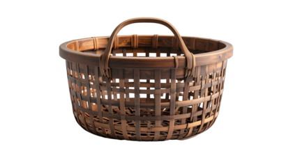 A 3D render of a woven basket with a handle, set against a stark black background. The brown material showcases intricate craftsmanship