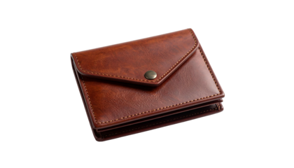A close-up shot of a brown, folded wallet with a snap closure. The wallet rests on a black background, with visible textures
