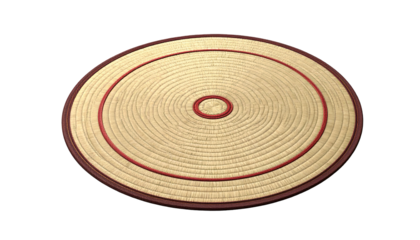 Circular, textured mat with concentric circles of tan, red, and brown on black background