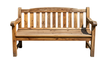 Isolated wooden park bench, front view, with armrests, on a transparent background