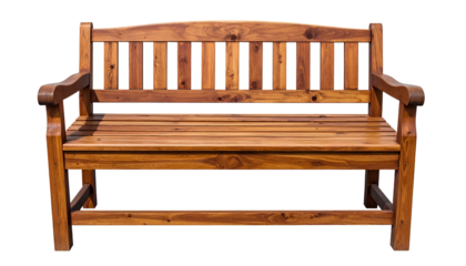 Wooden park bench, isolated on black, features slats, armrests, and curved back