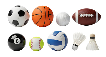 Collection of various sports balls and equipment isolated on transparent background