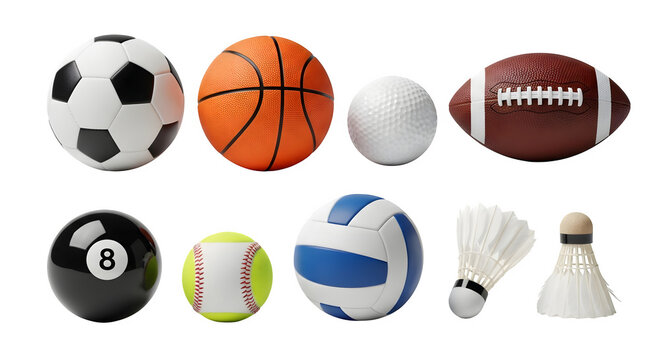 Collection of various sports balls and equipment isolated on transparent background