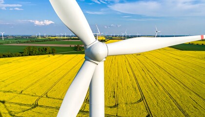 Close-up of a rotating turbine, with three blades, positioned above a vibrant yellow field, other windmills visible