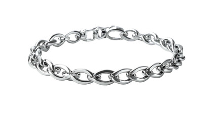 Obraz premium A close-up view presents a delicate, intertwined chain ring. The links are formed with a smooth, reflective surface against a dark background