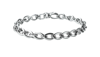 A close-up view presents a delicate, intertwined chain ring. The links are formed with a smooth, reflective surface against a dark background