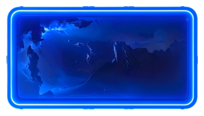 A digital rendering of a mountainous landscape, framed with a glowing neon blue rectangle. The mountains are shrouded in misty darkness