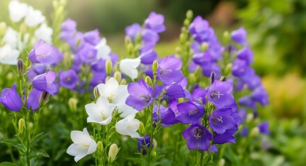 Beautiful blooming bellflowers in vibrant purple and white hues.