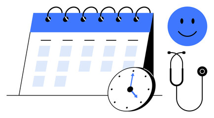 Appointment scheduling. Calendar, clock, stethoscope, and happy face depict appointment scheduling for health, wellness, and routines. Appointment organization helps manage time effectively