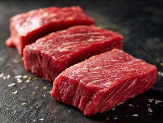 AI Generated: Fresh raw beef steak slices with beautiful marbling on a dark slate surface.