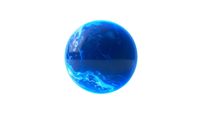 A luminous, transparent sphere, stylized to resemble Earth with continents and oceans, floats against a black void. It has a blue glow