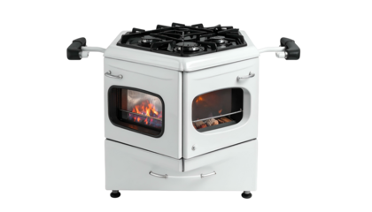 A pristine white freestanding kitchen appliance with a gas cooktop, oven doors displaying a warm fire, and black handles