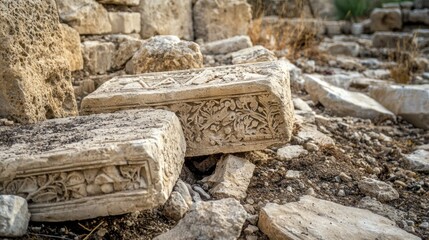 A close-up of ancient ruins and archaeological artifacts uncovered in the Kidron Valley, emphasizing texture and history