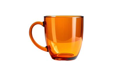 A translucent, amber-colored mug sits isolated against a stark black background. It appears to be made of glass, with a curved handle