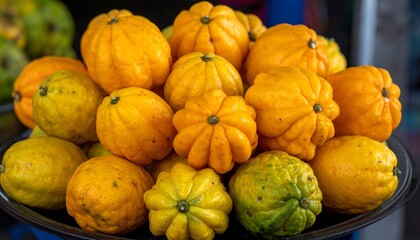 Close-up of a pile of citrus fruits with bumpy skin and varying shades of yellow and green, arranged on a dark platter